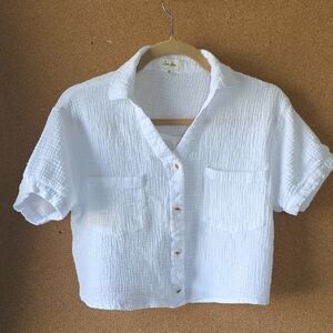 Love Notes Cotton Textured Button‑Up Crop White Short Sleeve Collared Top M